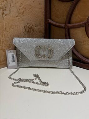Nina Silver Glitter Envelope Clutch with Crystal Emblem